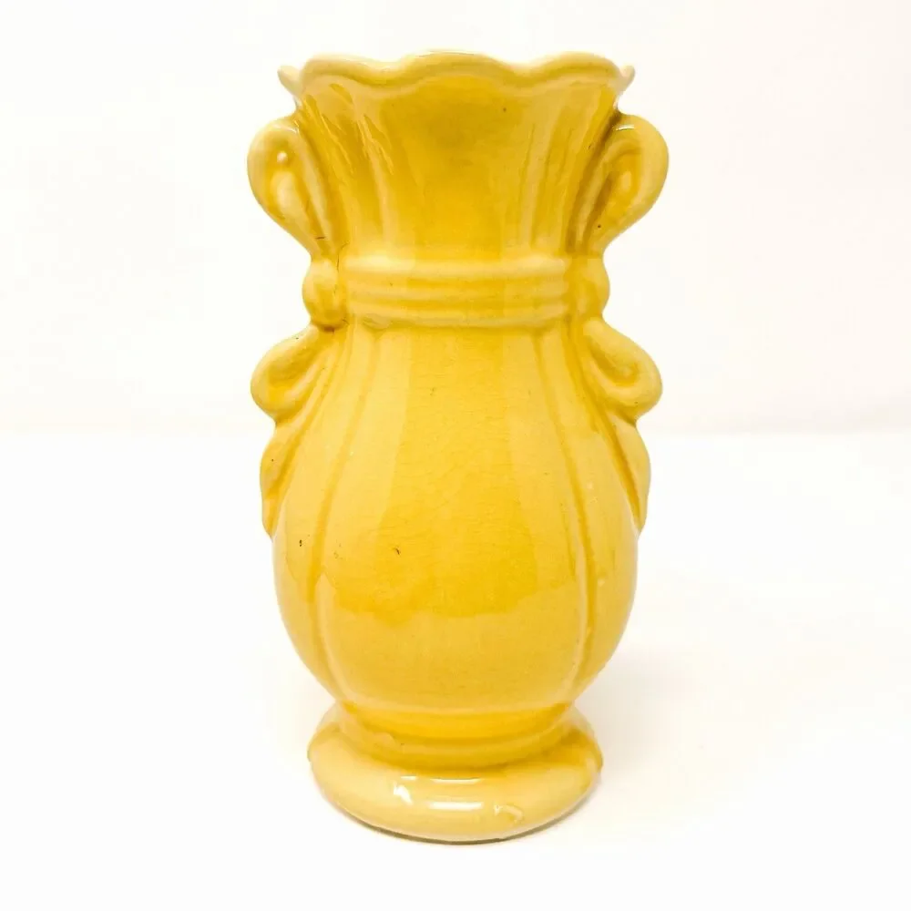 Vintage Brush McCoy 705 Yellow Ribbon Bow Vase 7” Art Pottery Cottagecore